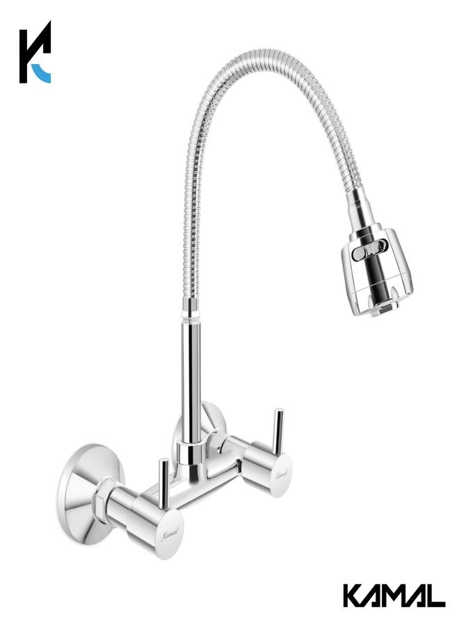 KAMAL Brass Sink Mixer FLT (Hot & Cold Mixer) Two Knobs | Fully Flexible SS 304 Spout with Dual Flow Switch | Shiny Chrome Finish - Silver - Image 2
